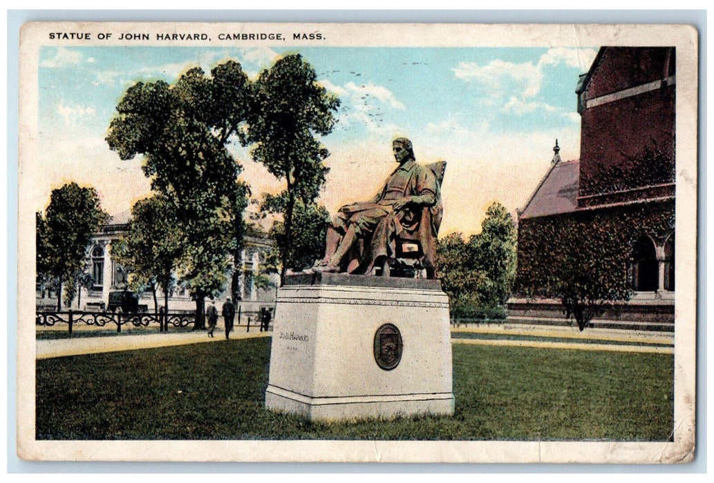 1925 Statue of John Harvard Cambridge Massachusetts MA Vintage Unposted Postcard