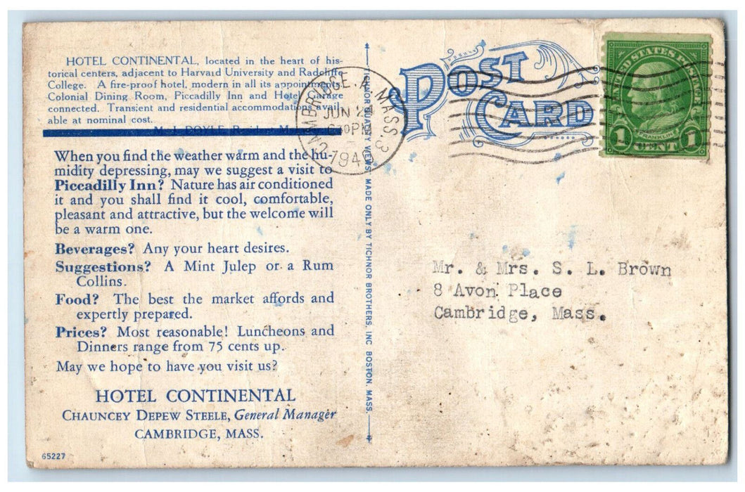 1940 Hotel Continental Harvard Square Cambridge Massachusetts MA Postcard