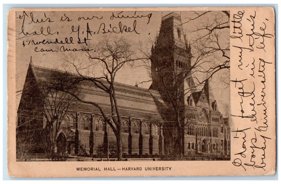 1906 Memorial Hall Harvard University Cambridge Massachusetts MA Postcard