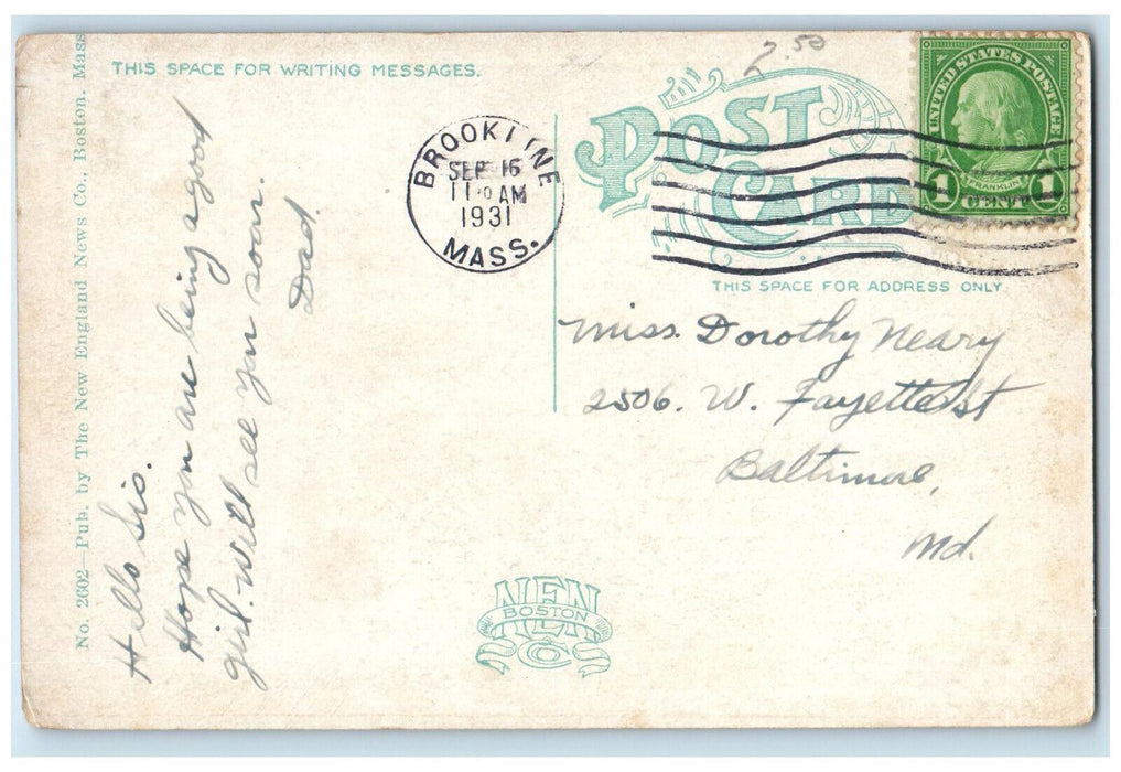 1931 Bennett High School Brighton Massachusetts MA Vintage Posted Postcard