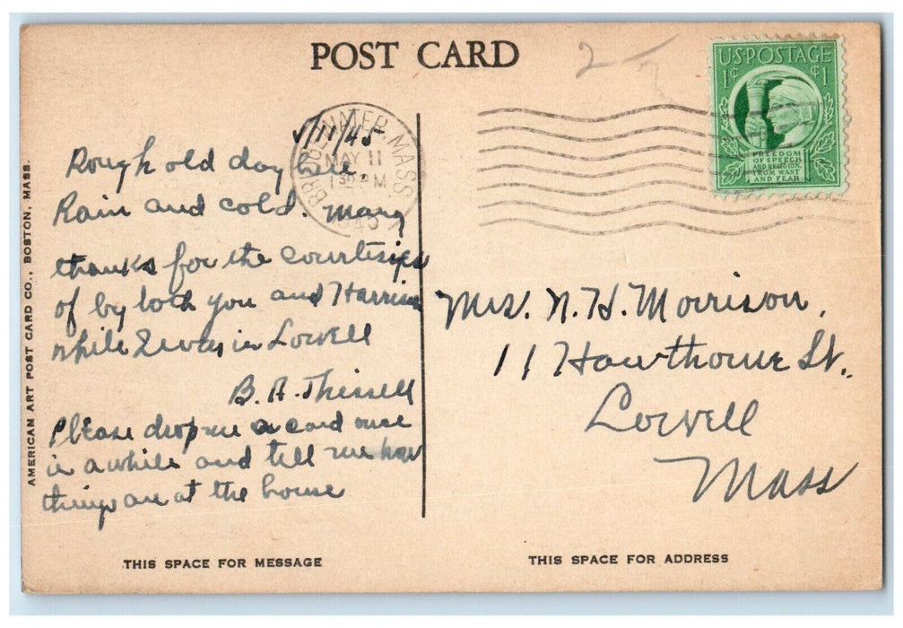 1945 St. Thomas Church Bridgewater Massachusetts MA Vintage Posted Postcard