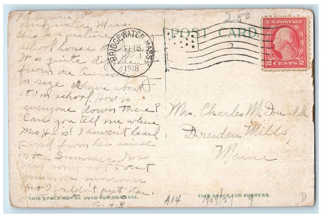 1918 High School 1799-1897 Bridgewater Massachusetts MA Antique Posted Postcard