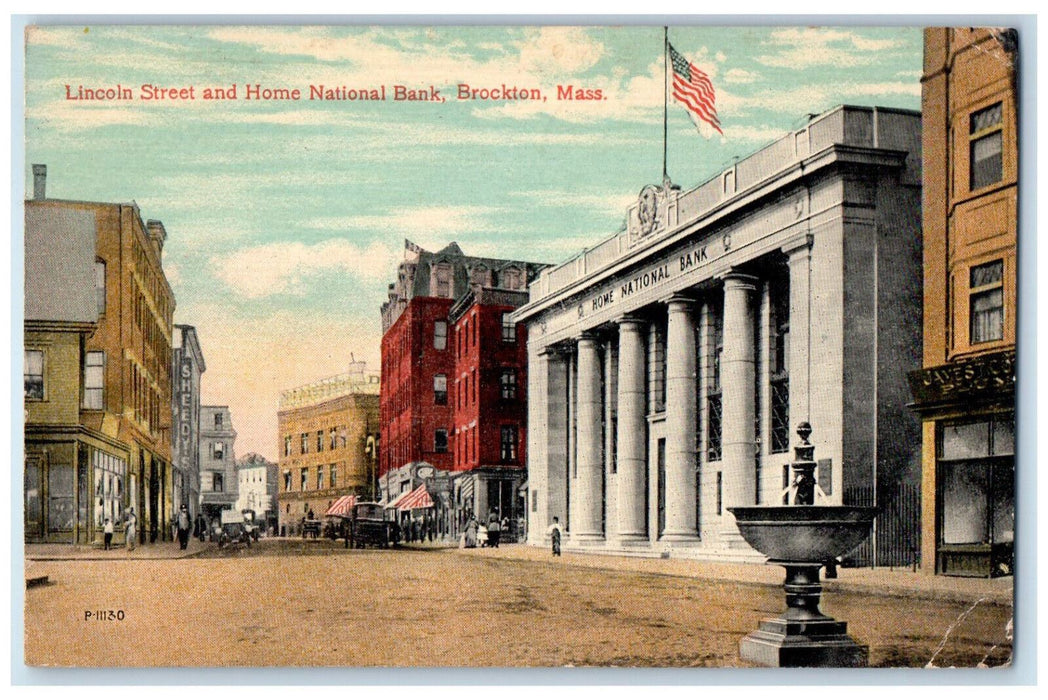 1914 Lincoln St. and Home National Bank Brockton Massachusetts MA Postcard