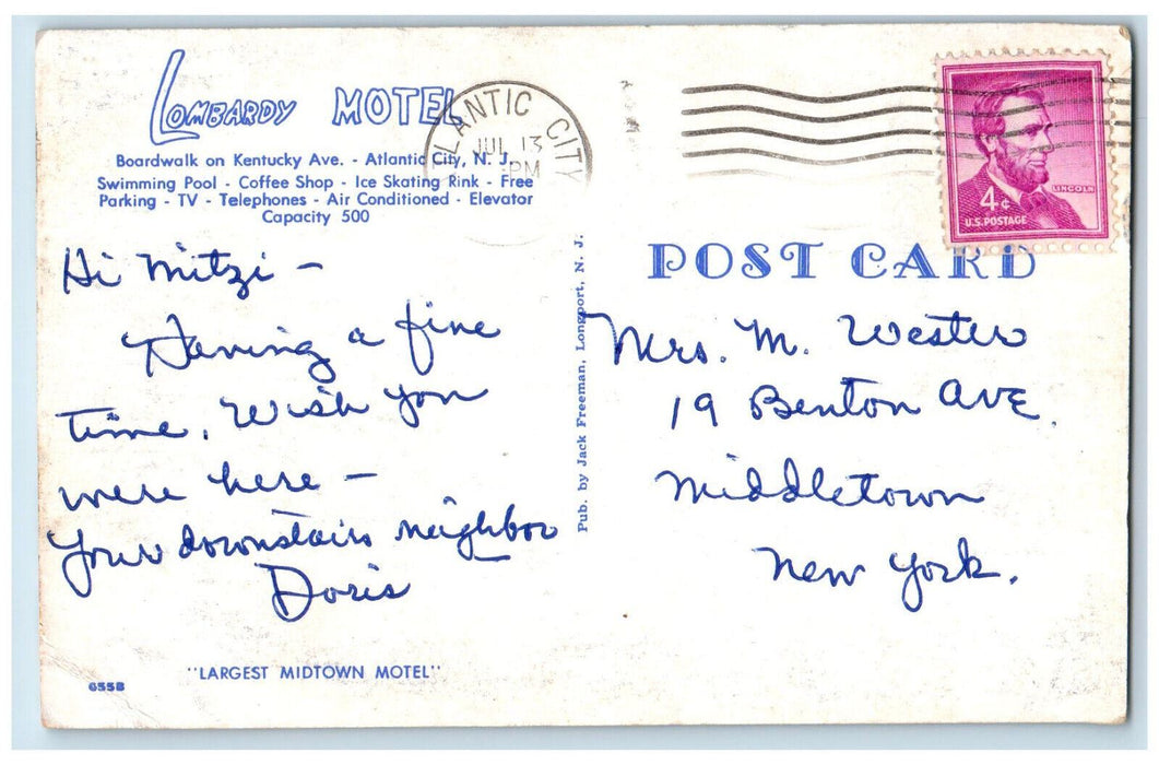 c1960's Lombardy Motel Near Beach Atlantic City New Jersey NJ Postcard