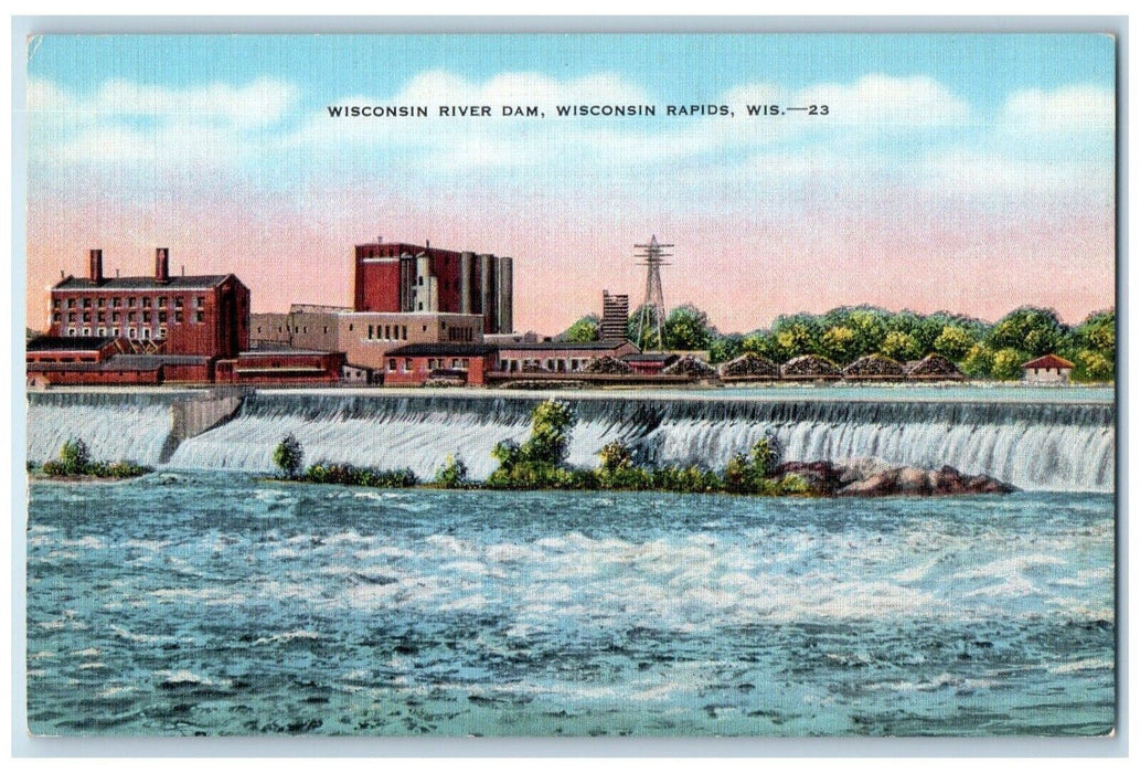 c1940 Wisconsin River Dam Wisconsin Rapids Wisconsin WI Vintage Antique Postcard