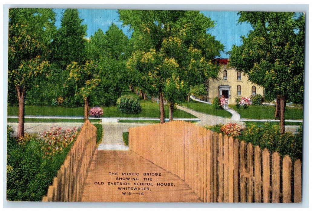 c1940 Rustic Bridge Old Eastside School House Whitewater Wisconsin WI Postcard