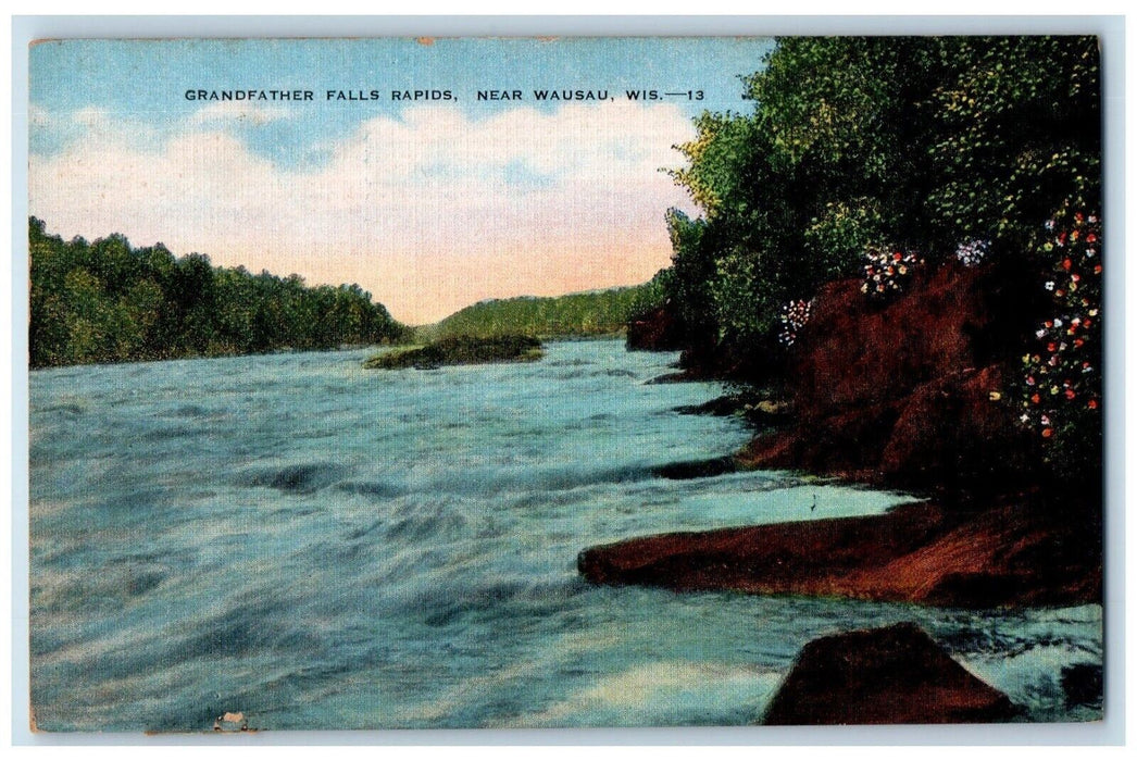 c1940 Grandfather Falls Rapids near Wausau Wisconsin WI Vintage Antique Postcard