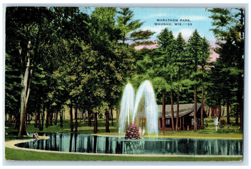 c1940 Marathon Park Fountain Trees Wausau Wisconsin WI Antique Vintage Postcard