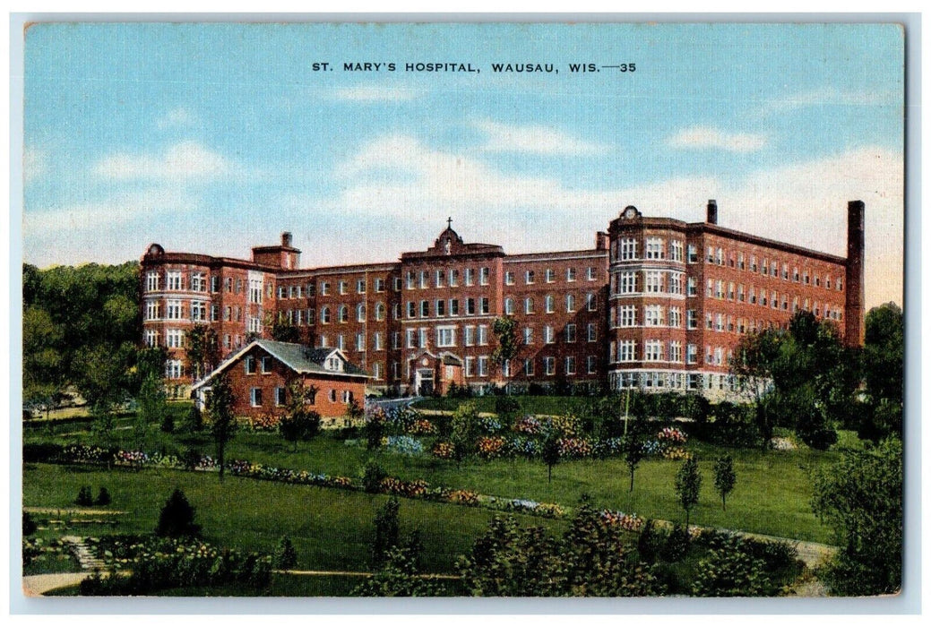 c1940 St Mary's Hospital Building Garden Wausau Wisconsin WI Vintage Postcard