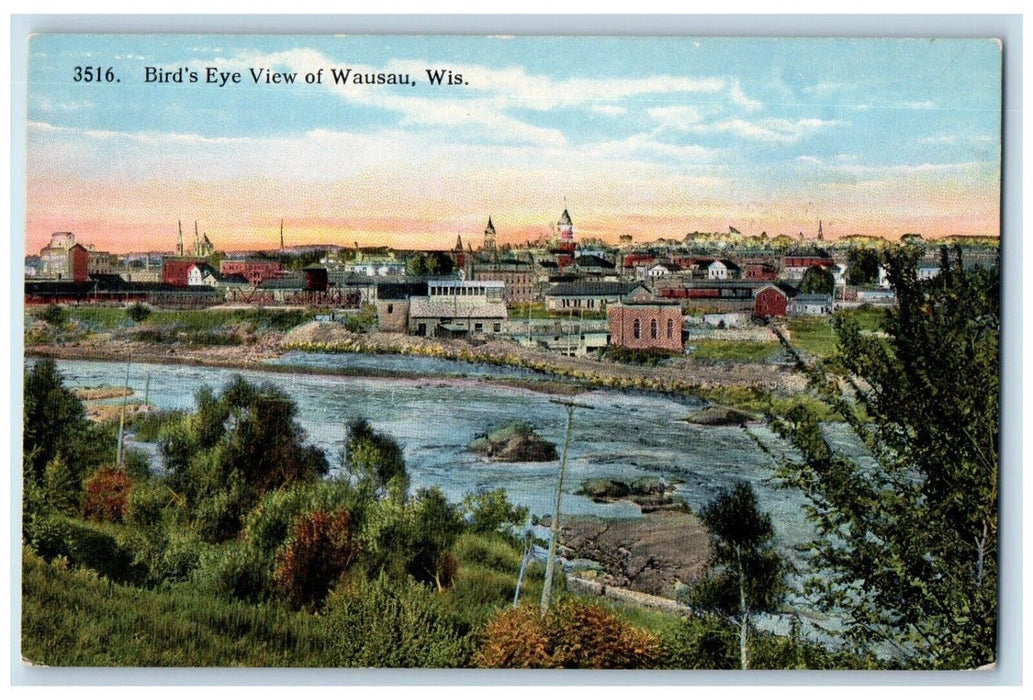 c1910 Birds Eye View Wausau River Houses Wisconsin WI Vintage Antique Postcard