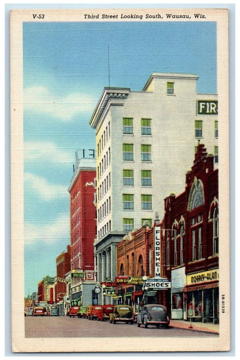 c1940 Third Street Looking South Buildings Wausau Wisconsin WI Vintage Postcard