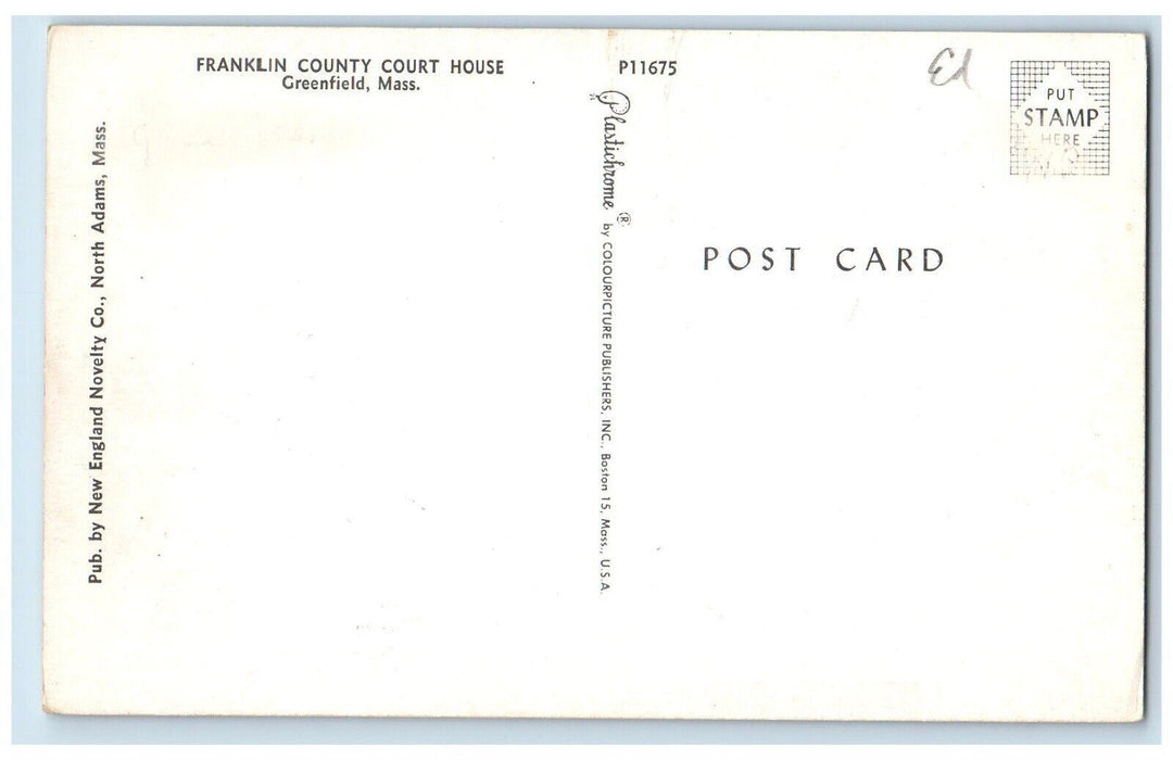 c1950's Franklin County Court House Greenfield Massachusetts MA Vintage Postcard