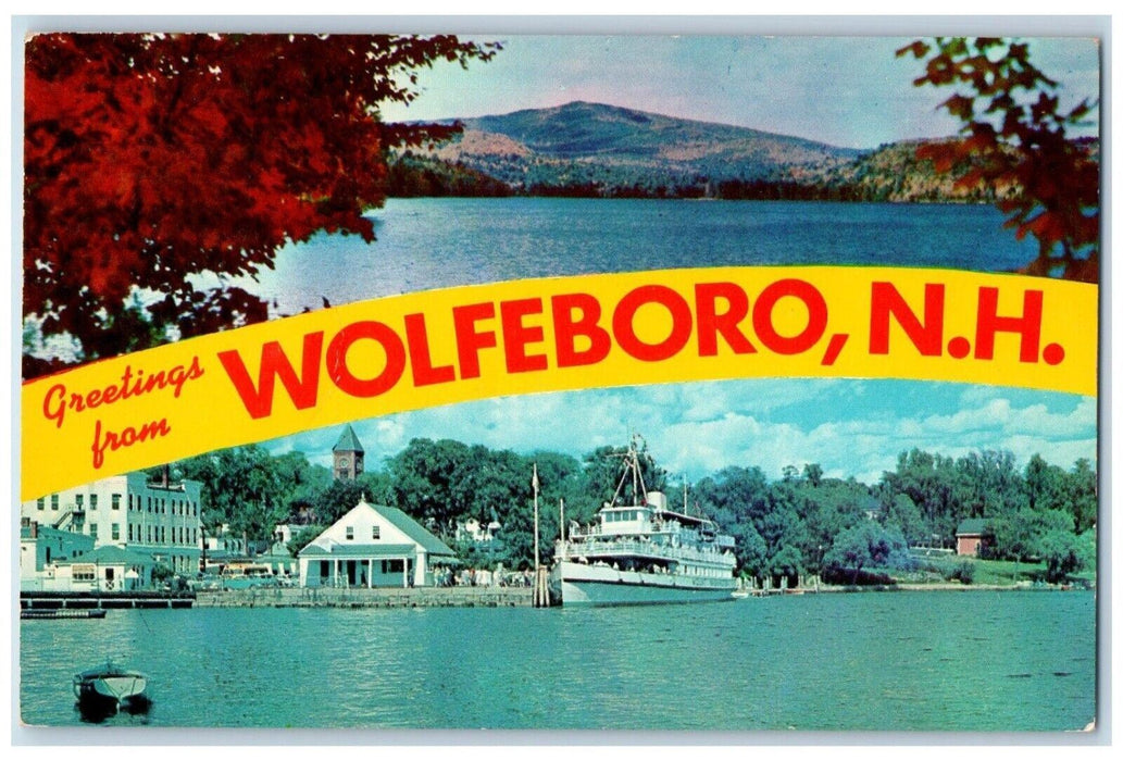 c1950's Greetings From Wolfeboro New Hampshire NH, Dual View Banner Postcard