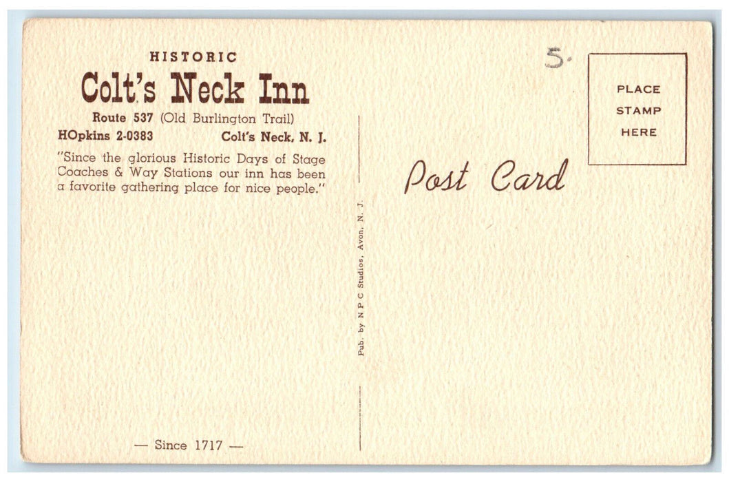 c1940's Historic Colt's Neck Inn Old Burlington Trail Colt's Neck NJ Postcard