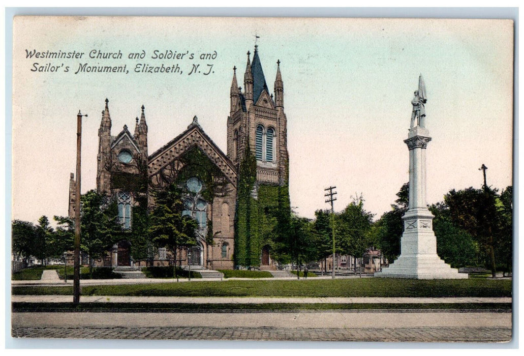 1908 Westminster Church Soldier's & Sailor's Monument Elizabeth NJ Postcard