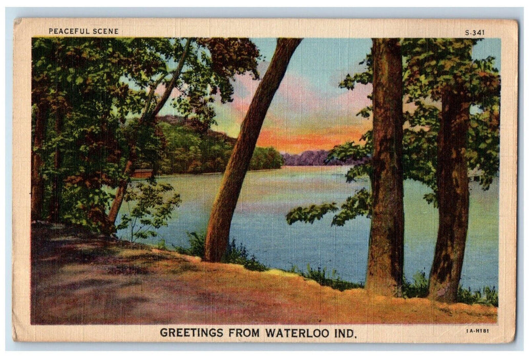 c1930's Greetings From Waterloo Indiana IN, Dirt Road Lake View Vintage Postcard