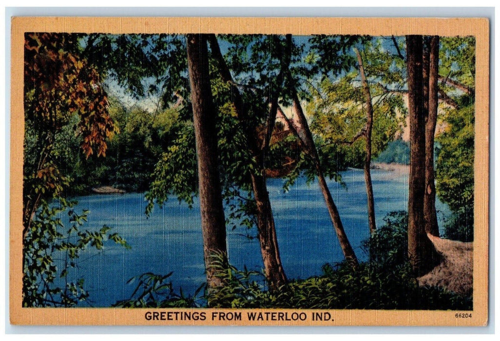 c1930's Greetings From Waterloo Indiana IN, Lake View And Trees Vintage Postcard