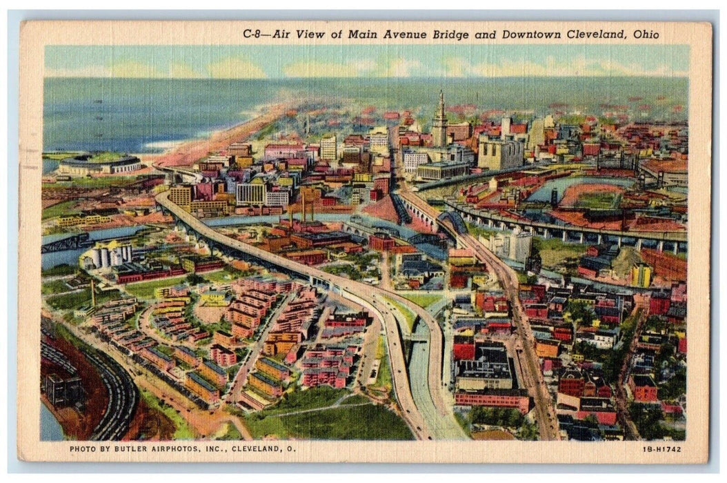 1946 Air View Of Main Avenue Bridge And Downtown Cleveland Ohio OH Postcard