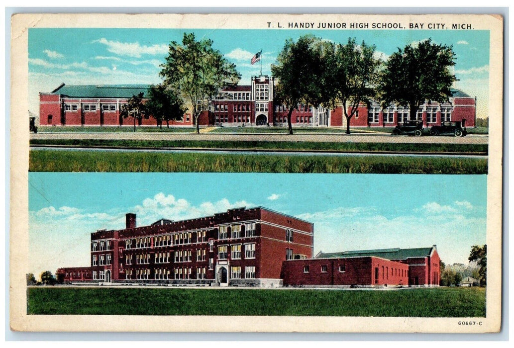 1933 T. L. Handy Junior High School Building Bay City MI, Dual View Postcard