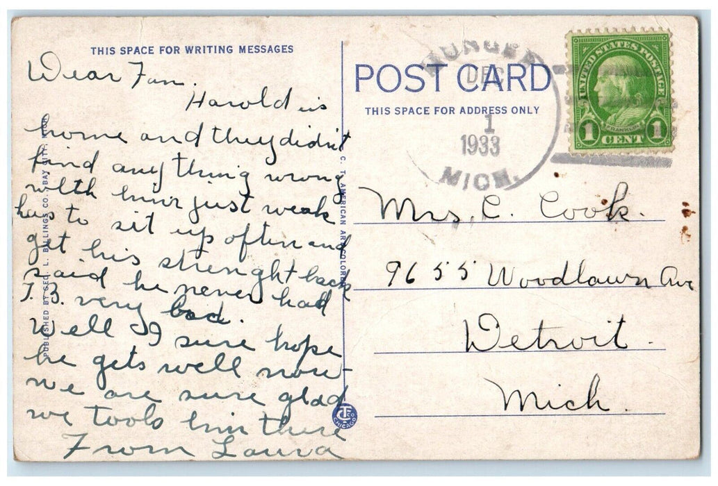 1933 T. L. Handy Junior High School Building Bay City MI, Dual View Postcard