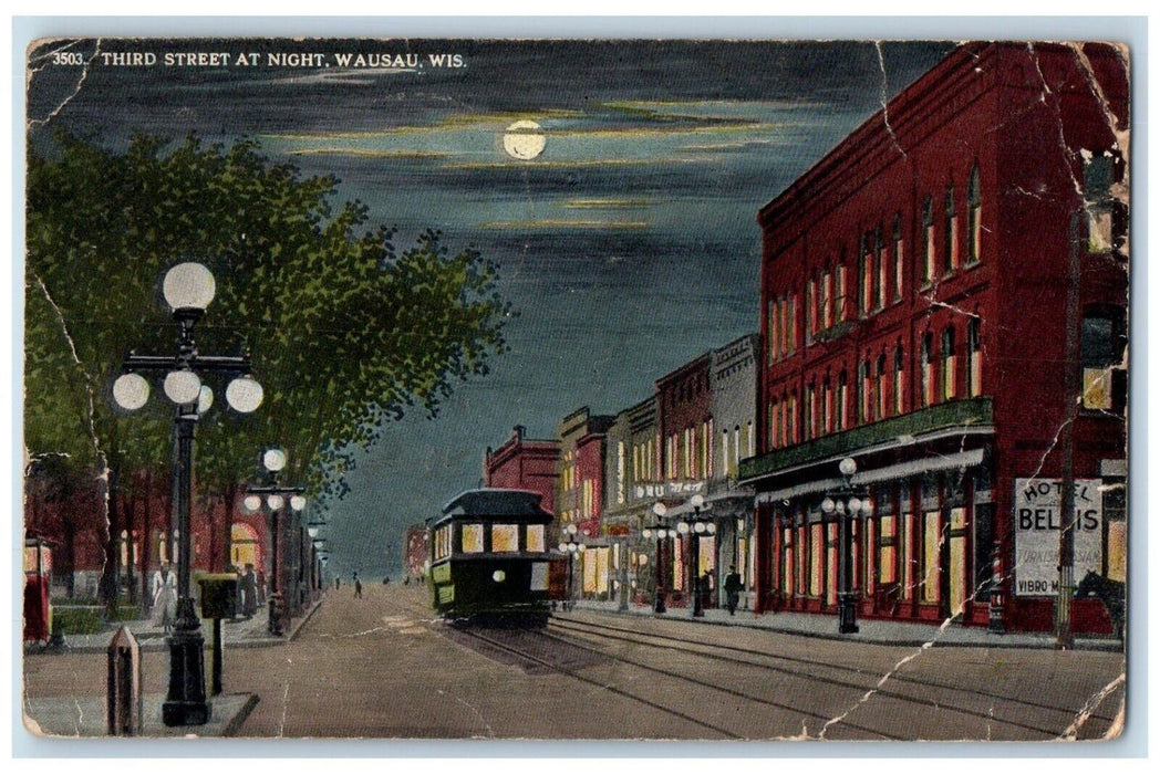 1914 Third Street Night Streetcar Wausau Wisconsin WI Vintage Antique Postcard