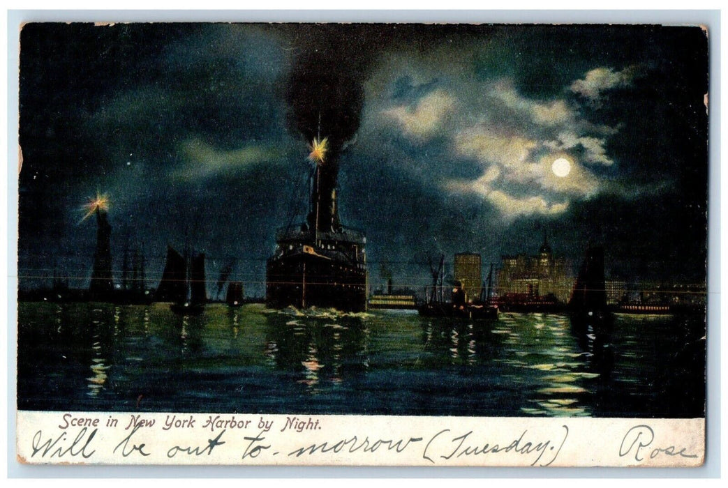 1908 Scene In New York Harbor By Night Steamer Ship Moonlight View Postcard