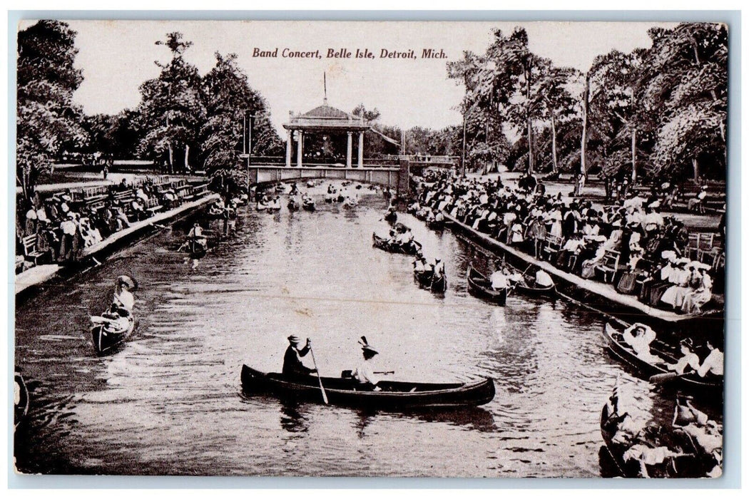 c1910's Band Concert Belle Isle Canoe Boat Detroit Michigan MI Antique Postcard