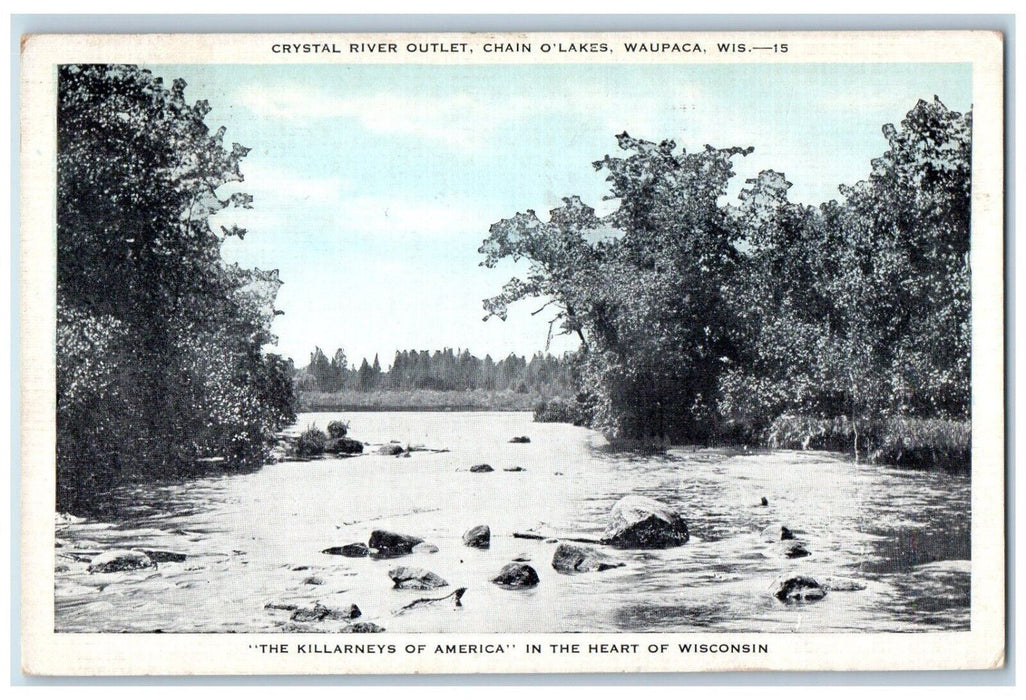 1939 Crystal River Outlet Chain O'Lakes Waupaca Wisconsin WI Vintage Postcard