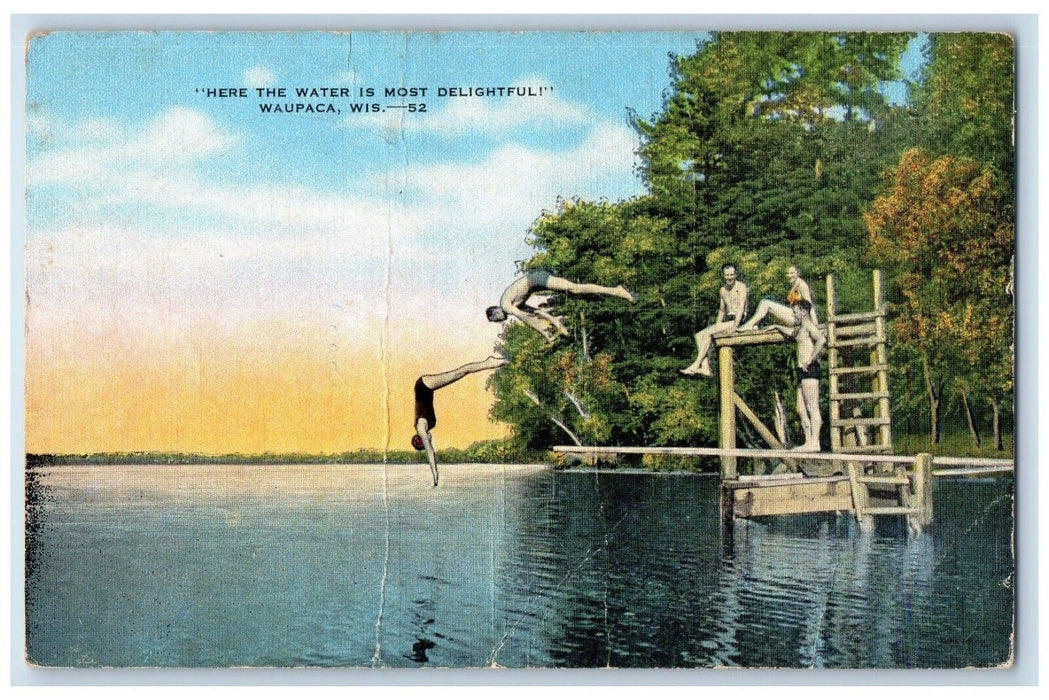 c1910 Here the Water Is Most Beautiful Diving People Waupaca Wisconsin Postcard