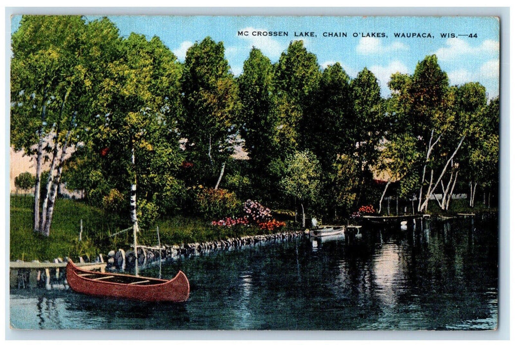 c1940 Mc Crossen Lake Chain O'Lakes Boat Waupaca Wisconsin WI Vintage Postcard