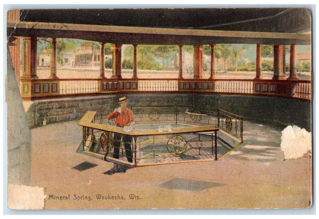 1918 Mineral Spring Drinking Man Waukesha Wisconsin WI Vintage Antique Postcard