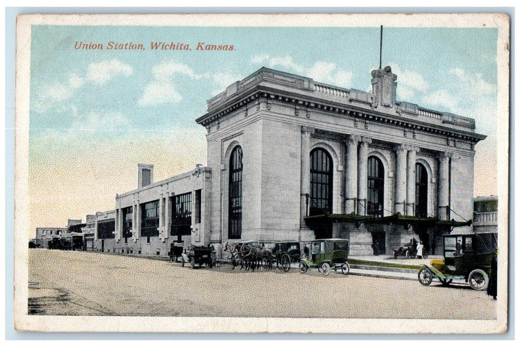 1915 Union Station Depot Cars Wichita Kansas KS Posted Antique Postcard
