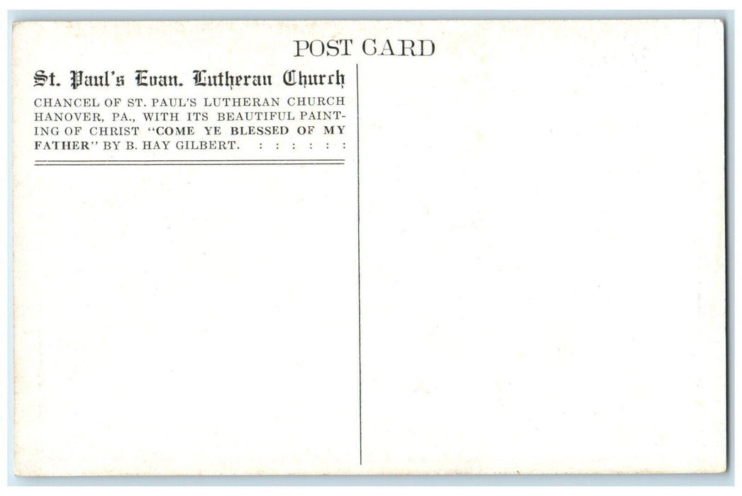 St. Paul's Evan Lutheran Church Interior Hanover Pennsylvania PA Postcard