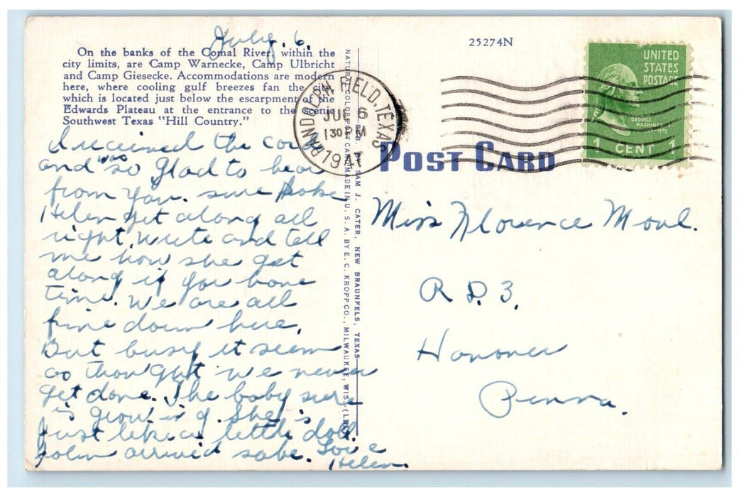 1947 The Baby Pool Camp Giescke New Braunfels Texas TX Posted Vintage Postcard