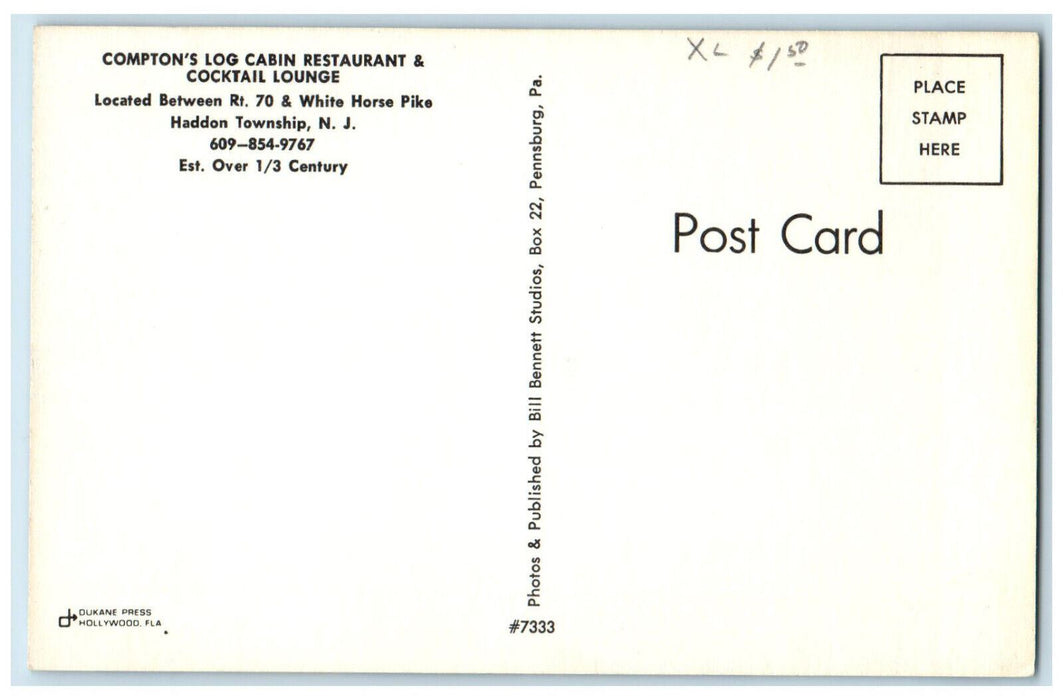 c1960's Compton's Log Cabin Restaurant & Cocktail Lounge Haddon NJ Postcard