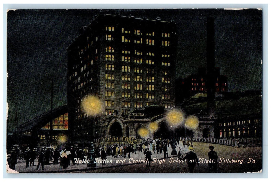 c1910 Union Station and Central High School at Night Pittsburg PA Postcard