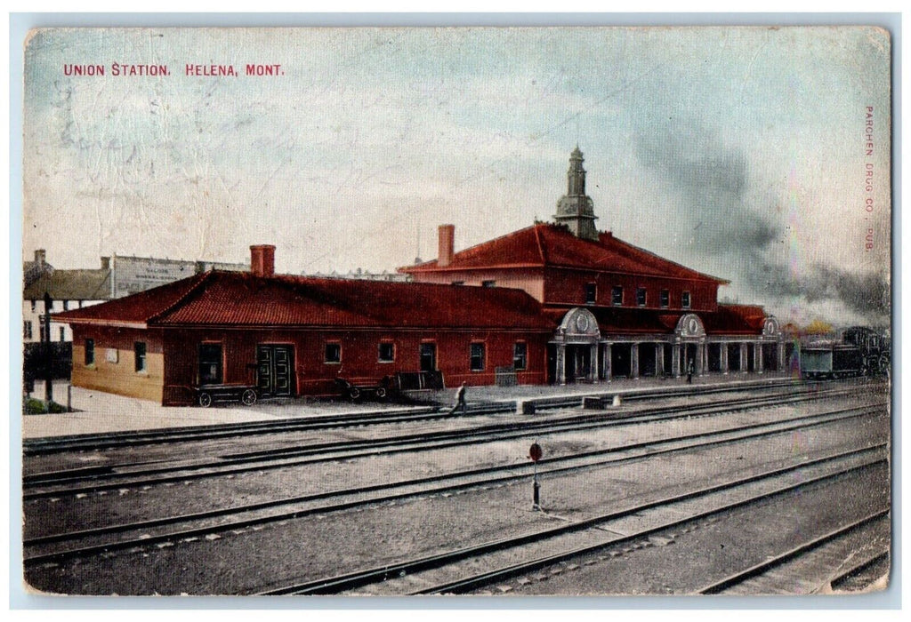1909 Union Station Depot Railroad Train Helena Montana MT Antique Postcard