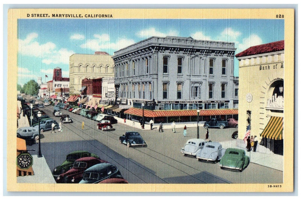 c1940's Bank Scneider's Business Section D Street, Marysville CA Postcard