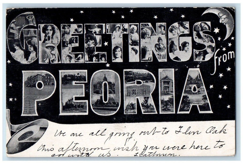 1906 Greetings From Peoria Illinois IL, Large Letters Crescent Stars Postcard