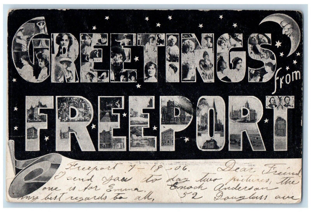 1906 Greetings From Freeport Illinois IL, Large Letters Crescent Stars Postcard