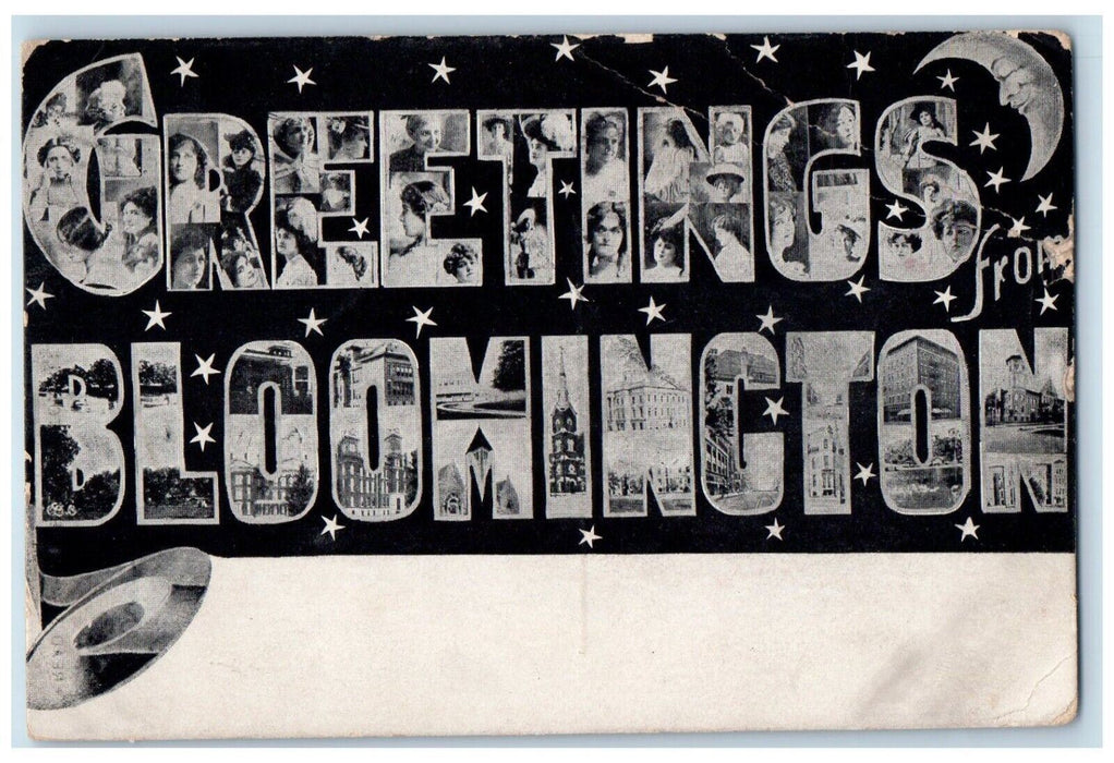 1908 Greetings From Blookington IL, Large Letters Crescent Moon Stars Postcard