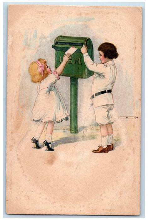 c1910's Boy And Girl Letter Mail Box School Rally Day Antique Postcard