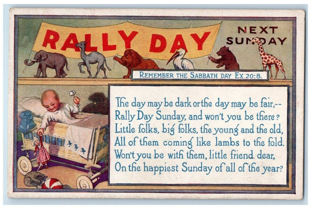 1921 Rally Day Next Sunday Toddler On Cart Doll Morrison Illinois IL Postcard