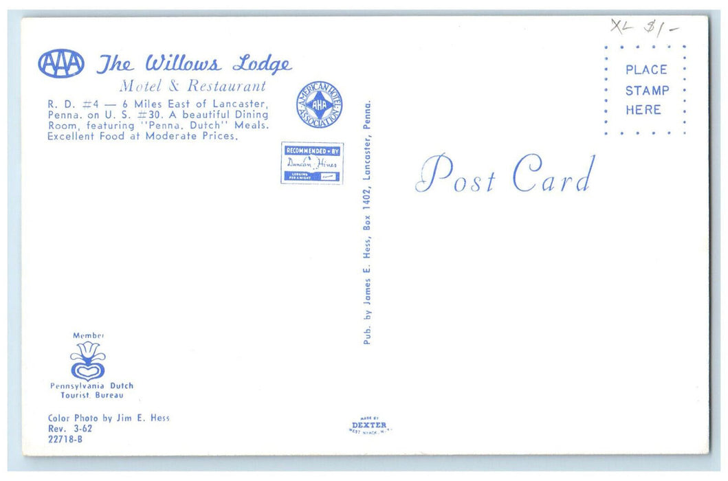 c1960's The Willows Lodge Hotel and Restaurant Lancaster PA Vintage Postcard