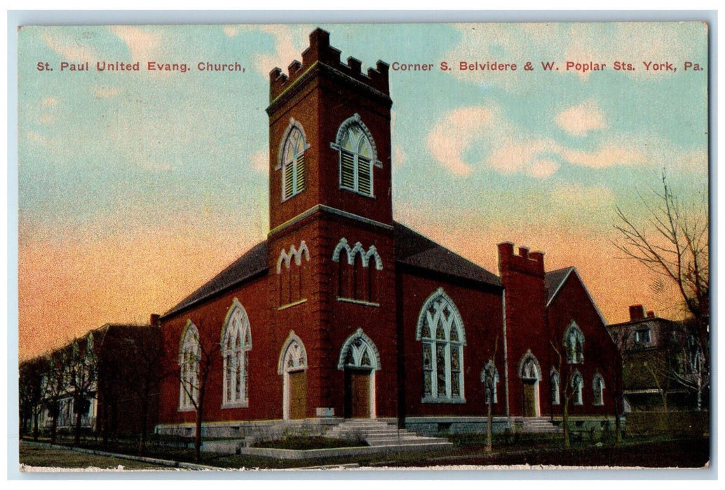 1912 St. Paul United Evang. Church Belvidere W. Poplar Streets York PA Postcard