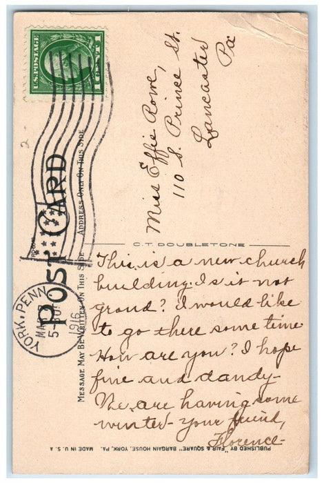 1916 Zion Reformed Church Lafayette Street Cleveland Avenue York PA Postcard