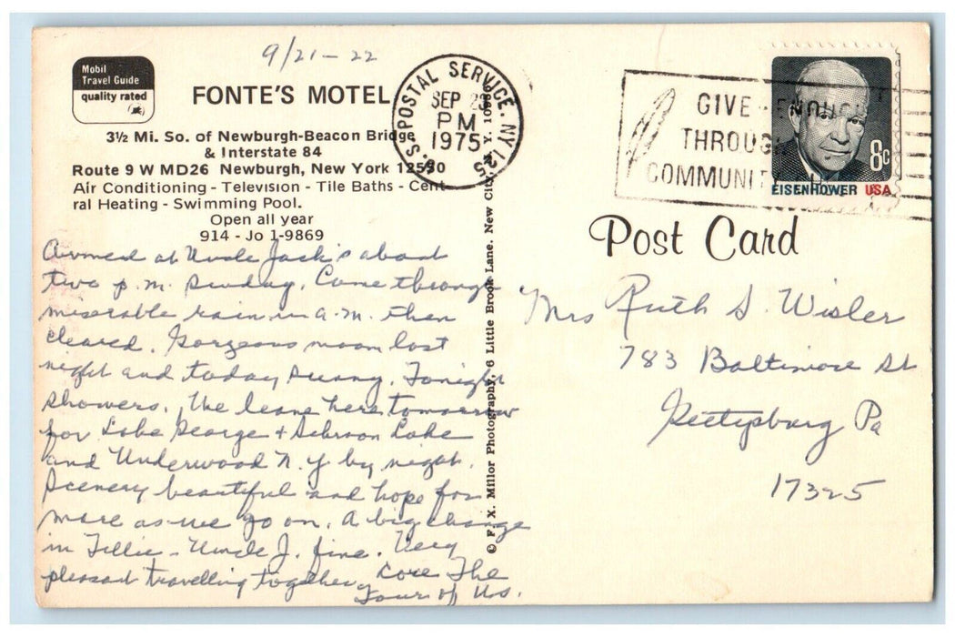 1975 Fonte's Motel Hotel Newburgh New York NY Posted Antique Postcard