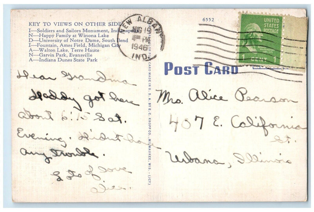 1946 Greetings From Indiana IN, New Alban Large Letters Vintage Postcard