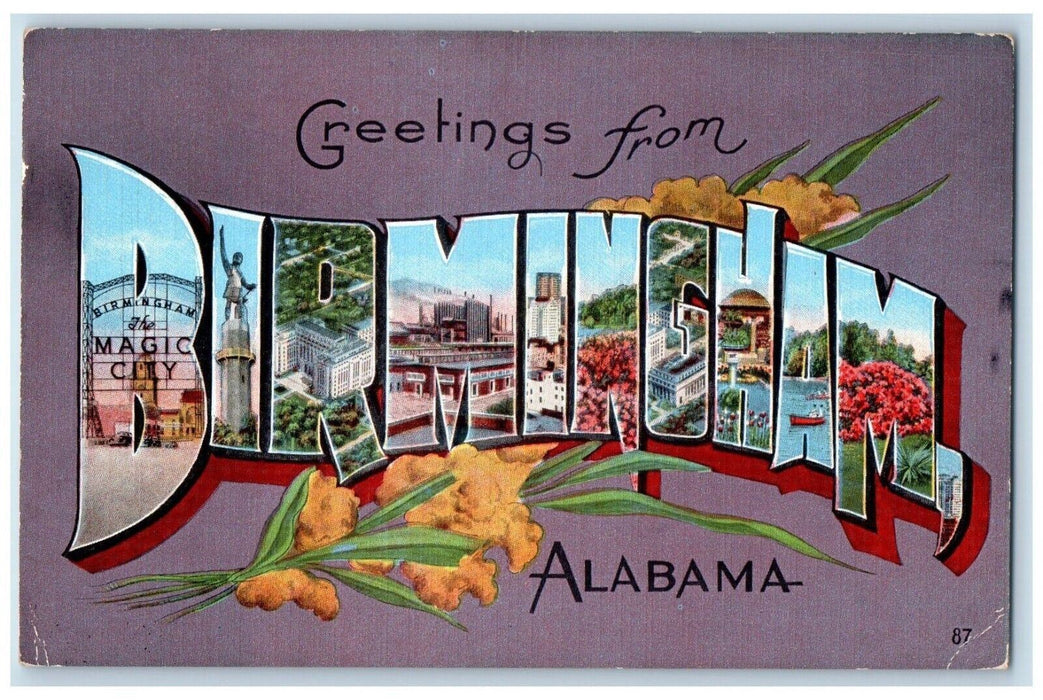 1947 Greetings From Birmingham Alabama AL, Thorsby Large Letters Postcard