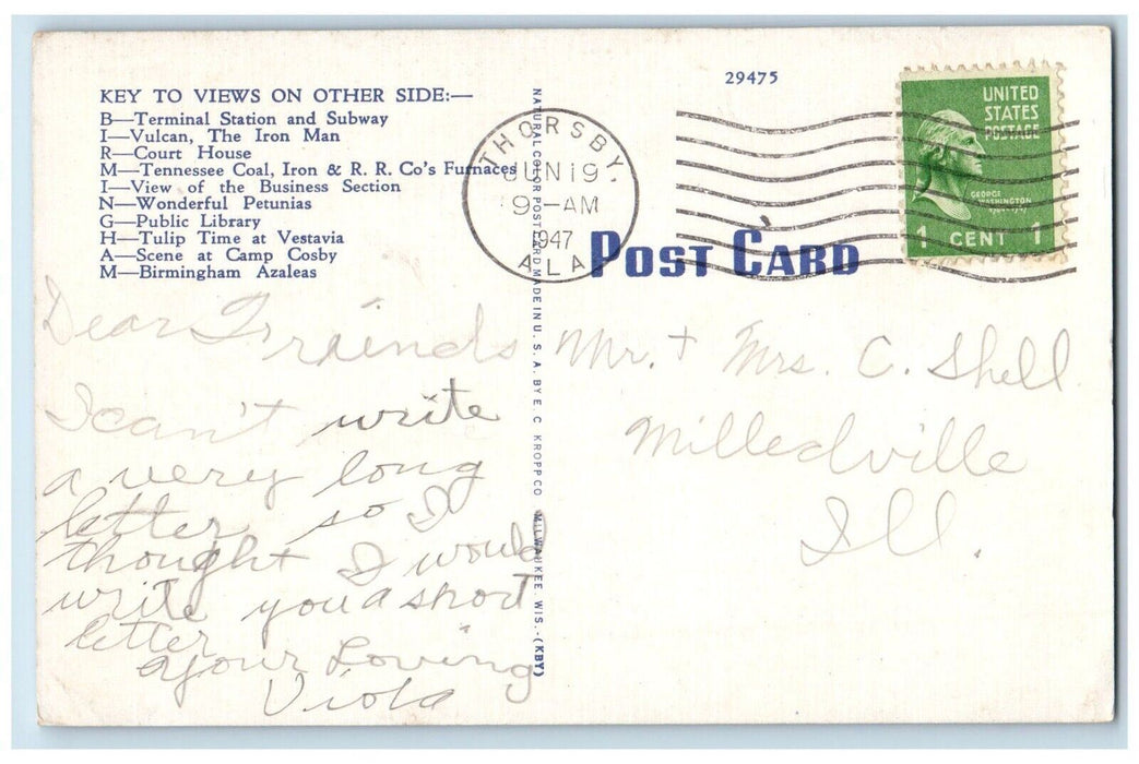 1947 Greetings From Birmingham Alabama AL, Thorsby Large Letters Postcard